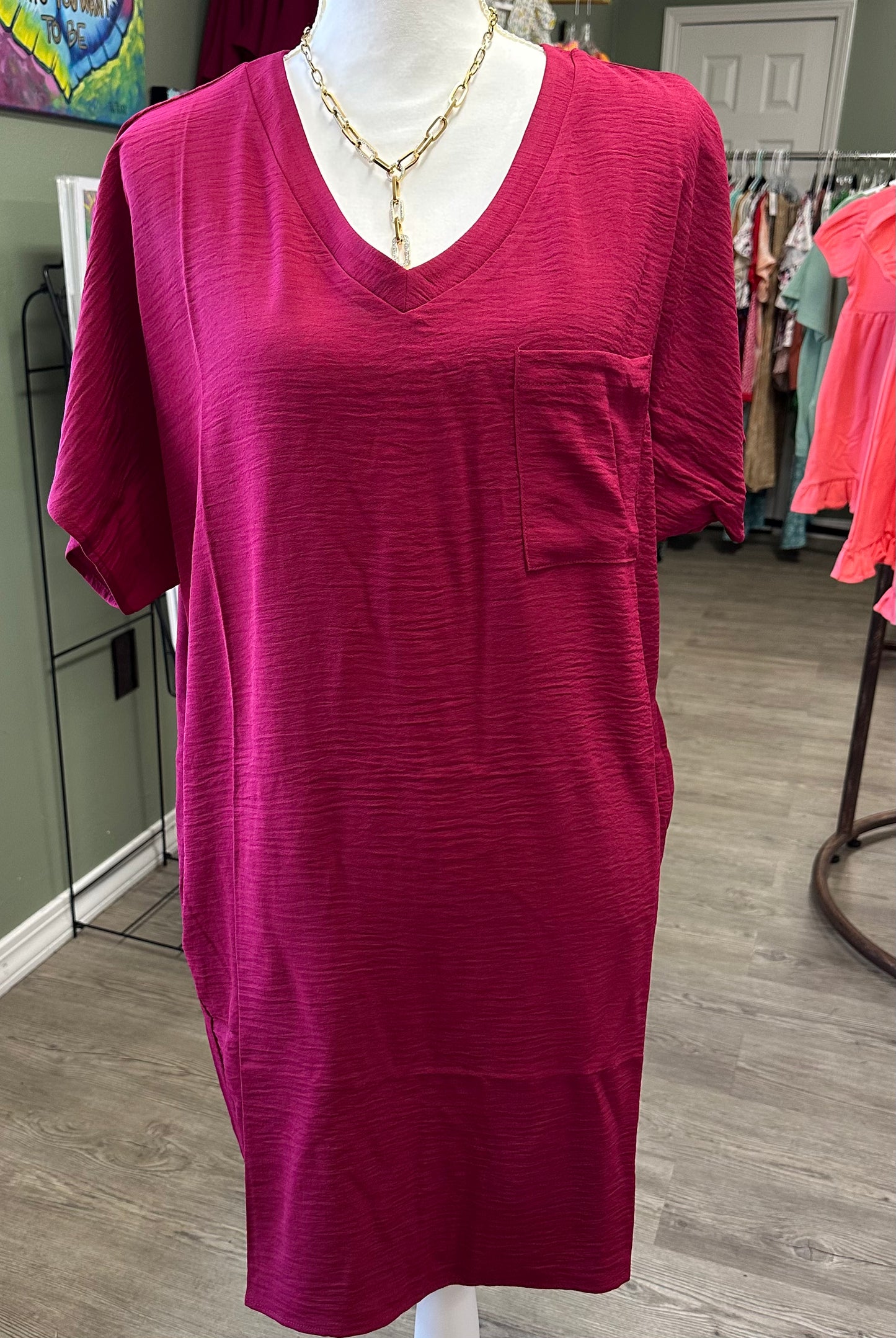 Woven V-neck T Shirt dress