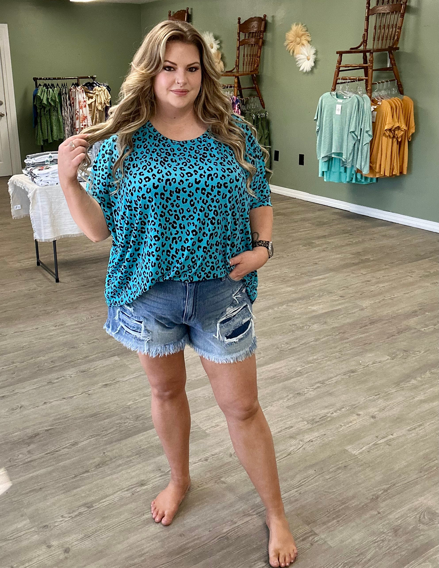 Teal cheetah print top