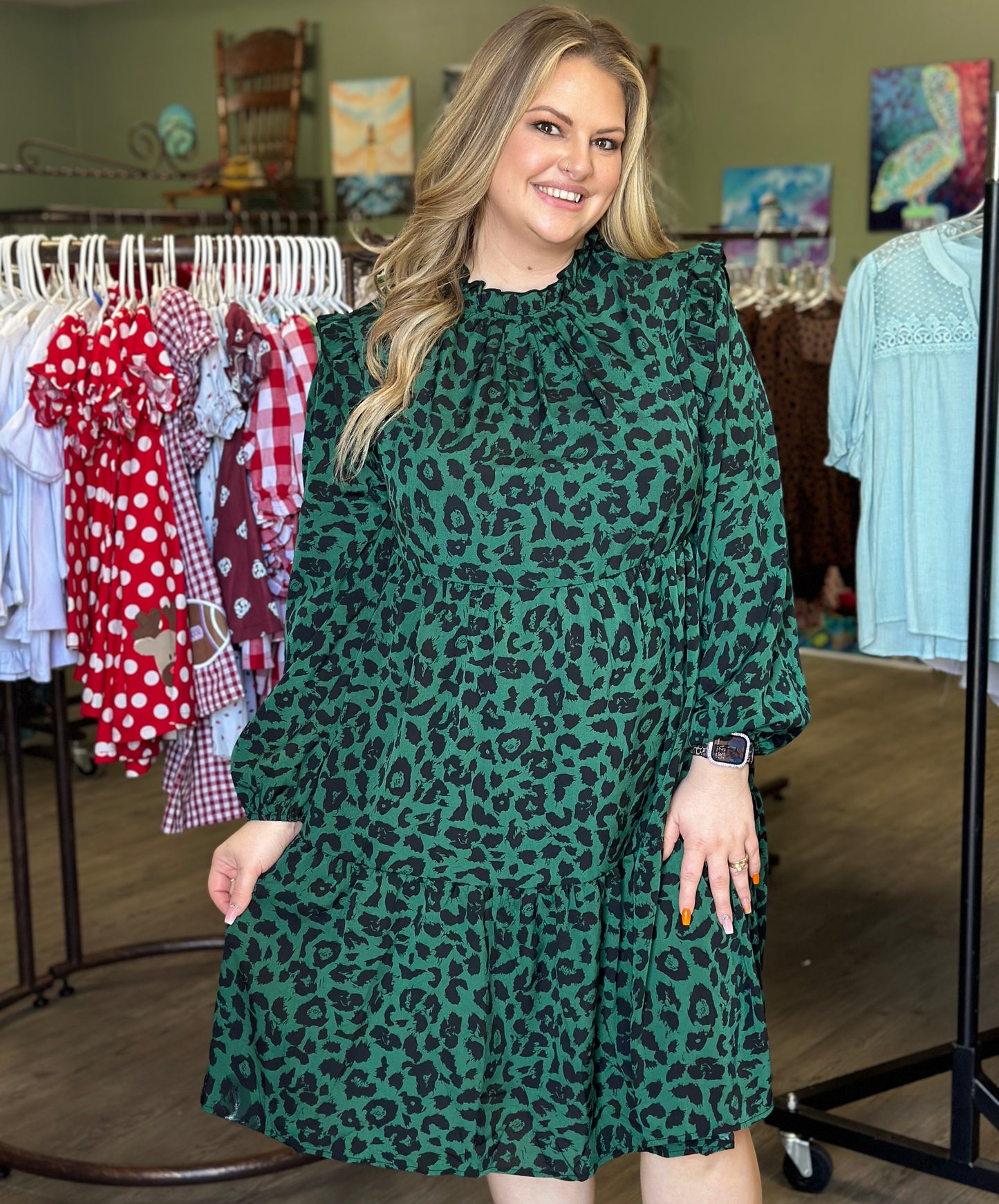 Green leopard dress