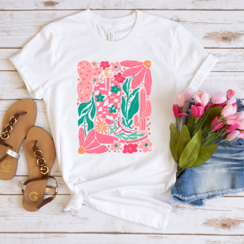 Pink cowgirl boot tee